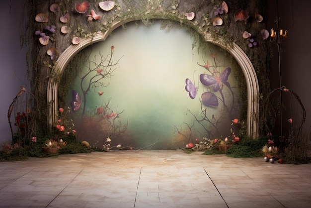 Photo a room with a tunnel that has a fish and butterflies on it