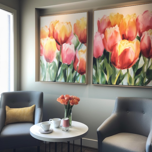 A room with two chairs and a table with flowers on it.