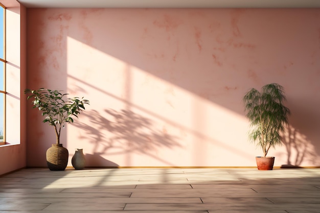 Room with two potted plants and pink wall Generative AI