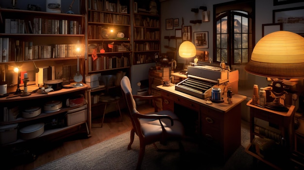 A room with a typewriter and bookshelves on the wall