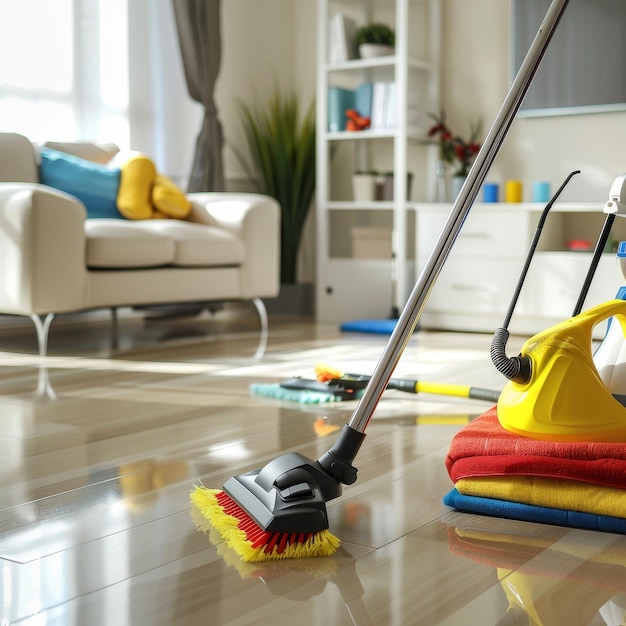 a room with a vacuum cleaner and a mop on the floor