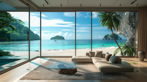 Photo a room with a view and a beach scene