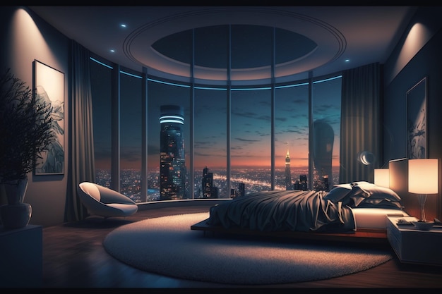 A room with a view of the city at night.