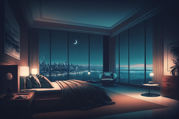 A room with a view of a city at night.