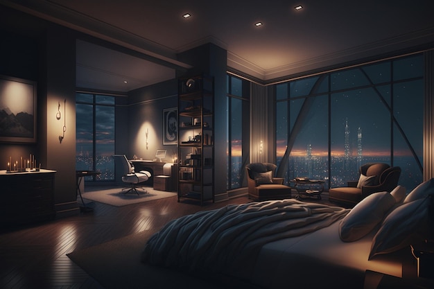 A room with a view of a city at night