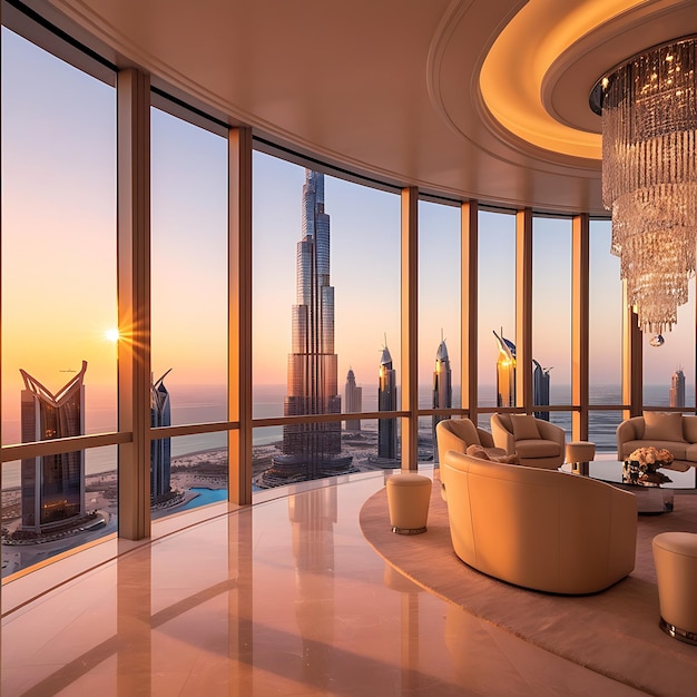 a room with a view of the city skyline and a large window with the sun setting behind it