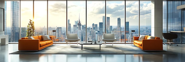 a room with a view of the city skyline and a large window with a view of the city