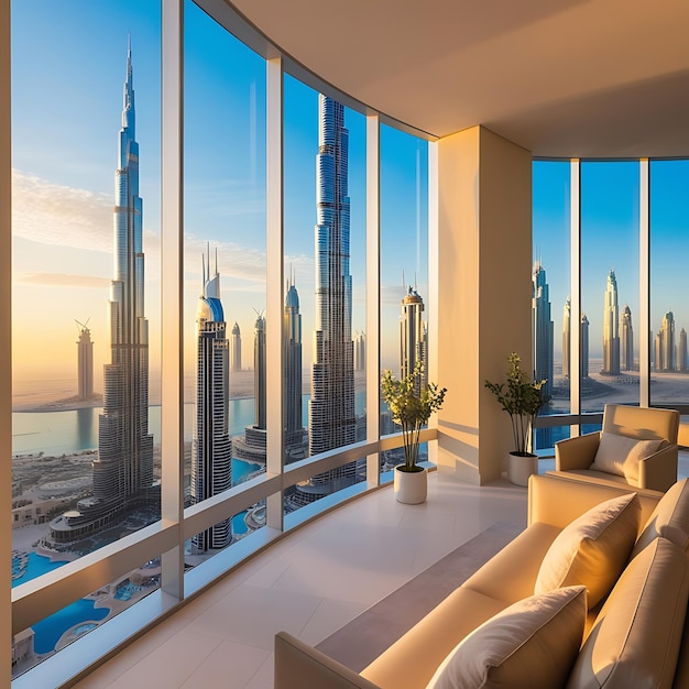 a room with a view of the city skyline