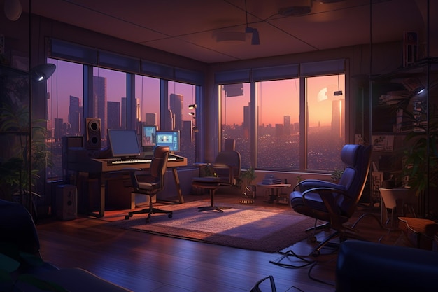 A room with a view of a city at sunset