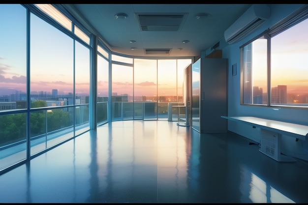 A room with a view of the city at sunset.