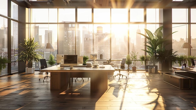 a room with a view of a city with a large window and a plant in the foreground