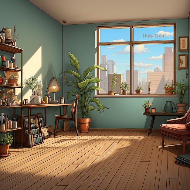 a room with a view of a cityscape in the background