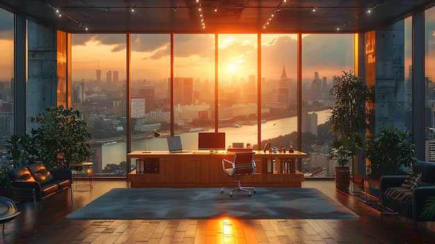 a room with a view and a cityscape in the background