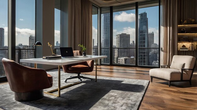 Photo a room with a view of a cityscape and a laptop on a desk