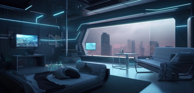 A room with a view of a cityscape and a large window that says'cyberpunk '