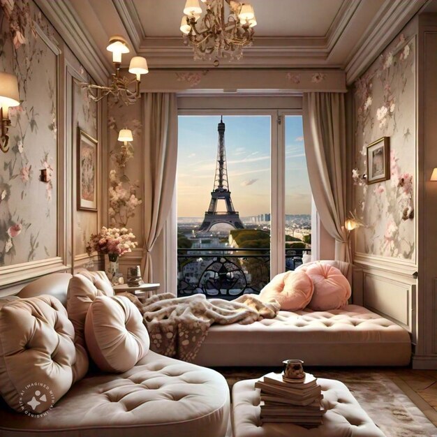 Photo a room with a view of the eiffel tower and the eiffel tower