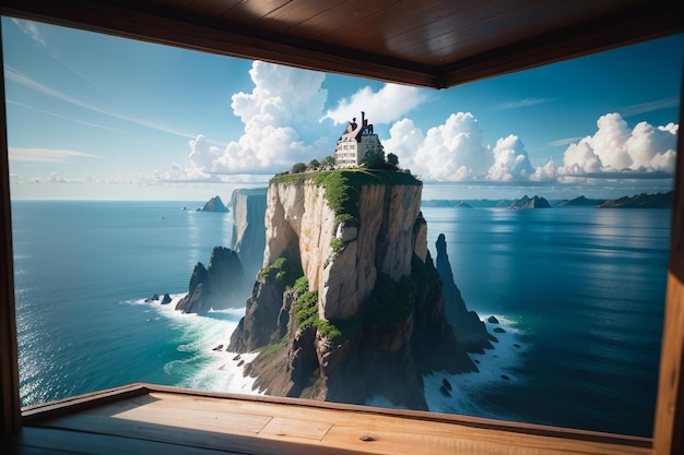 A room with a view of a lighthouse on a cliff