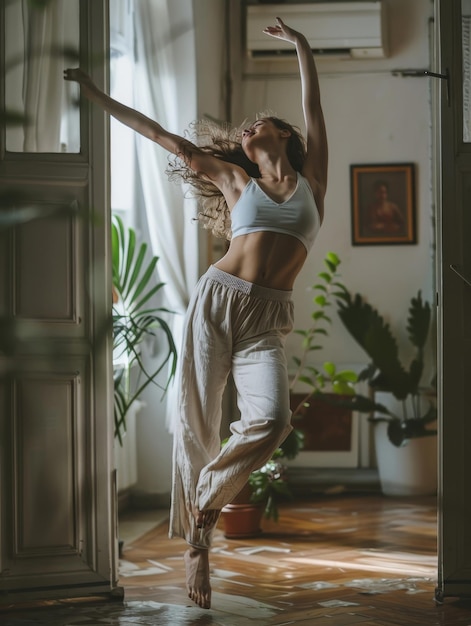 Photo in a room with a view of lush greenery a woman dances freely her movement in harmony with the tranquil morning the calm atmosphere is reflected in her peaceful expression