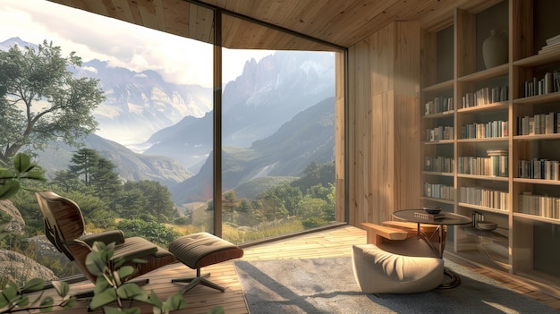 a room with a view of a mountain and a bookcase