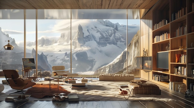 a room with a view of a mountain and a large window