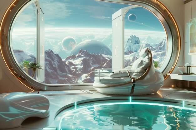 Photo a room with a view of a mountain and a planet