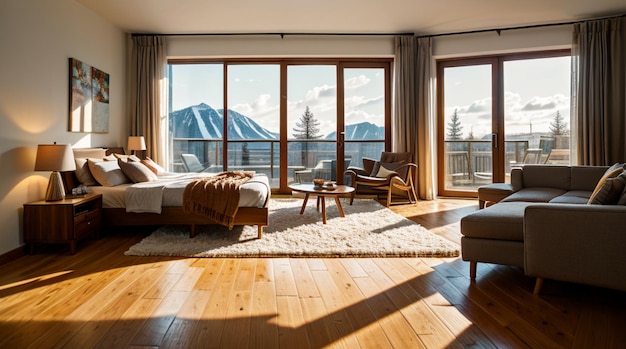 a room with a view of mountains and a large window