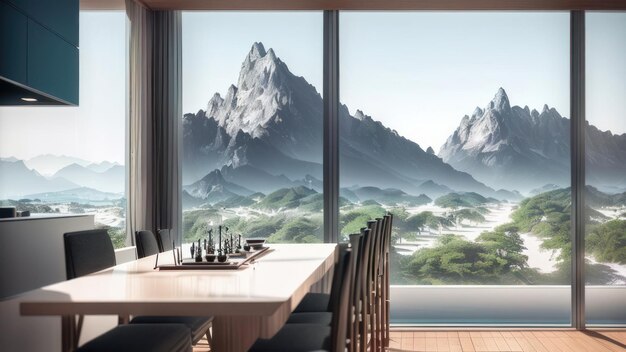 A room with a view of mountains and a table with chairs and a table with chairs