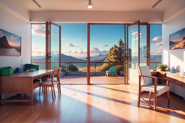 A room with a view of the mountains and a wooden floor