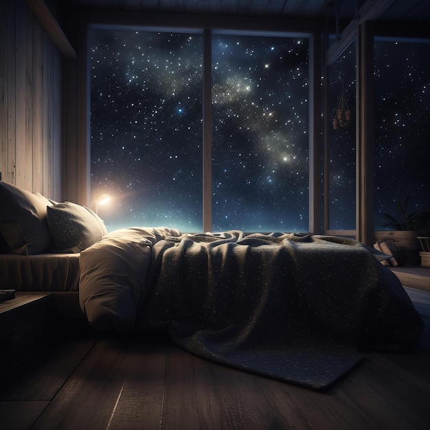 A room with a view of the night sky and a bed with a blanket on it.