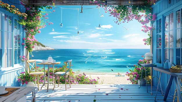 a room with a view of the ocean and a beach scene