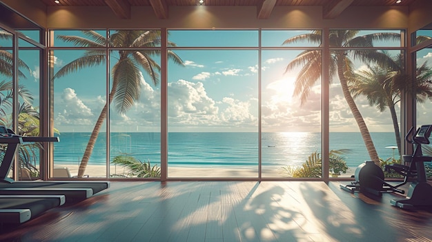 a room with a view of the ocean and palm trees