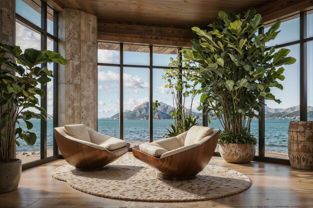 a room with a view of the ocean and a potted plant