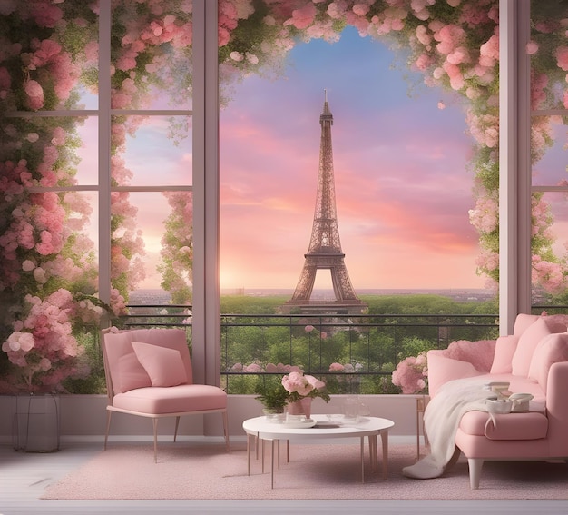 a room with a view and a pink chair and a window with the view of the city.