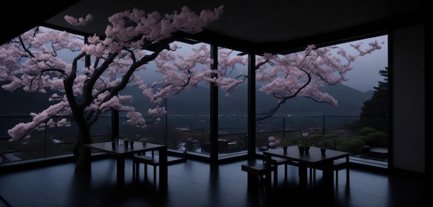 A room with a view of a tree with pink flowers on it