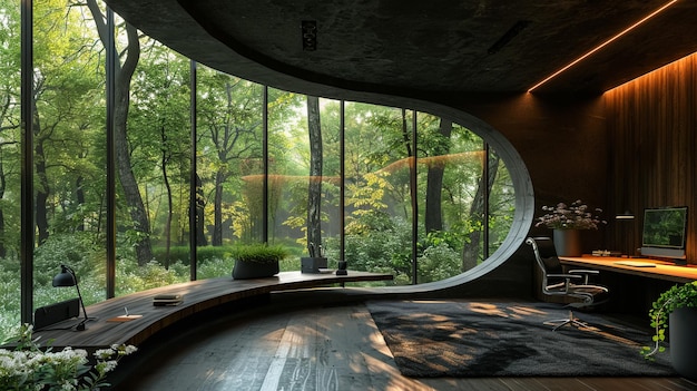 a room with a view of trees and a bench and a window with a view of the forest