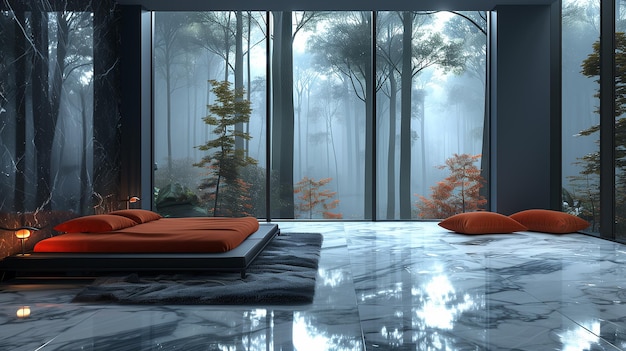 a room with a view of trees and a window with a view of trees and trees