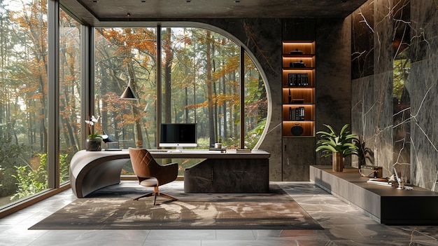 a room with a view of the woods and a large window