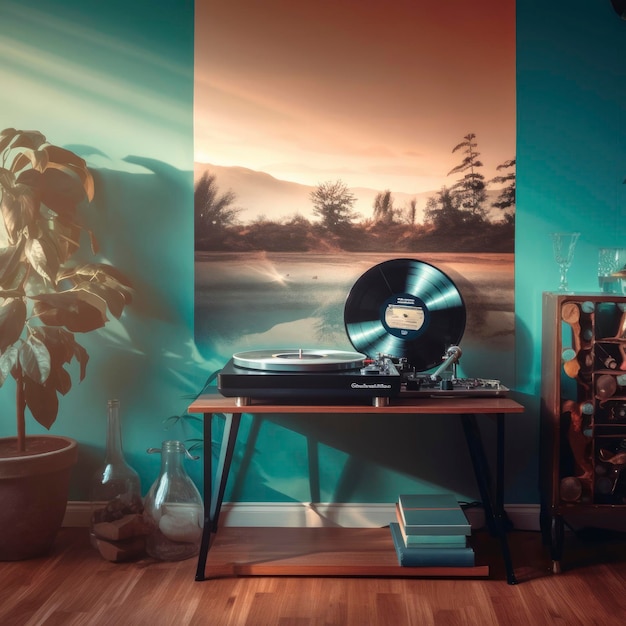 A room with a vinyl record player vitrola