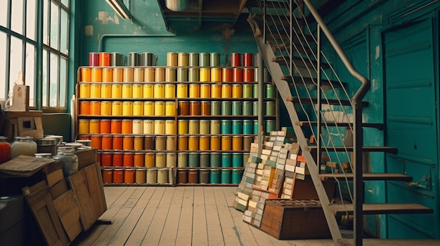 A room with a wall of cans that say'paint cans '