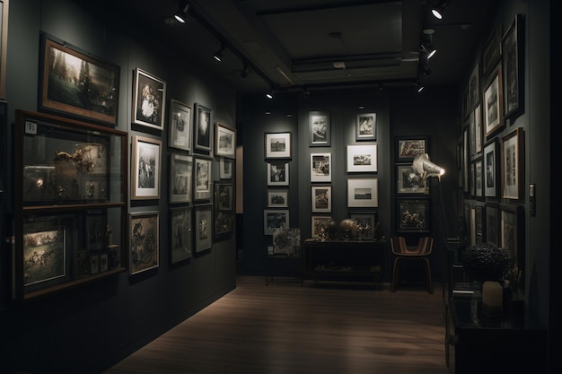 A room with a wall of framed pictures and a lamp that says'the artist '