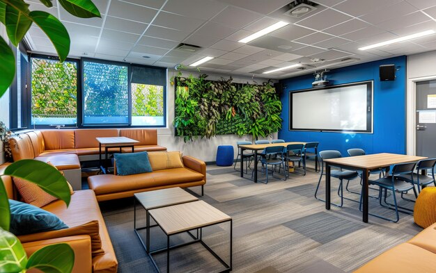 a room with a wall of greenery and a board with a green wall behind it