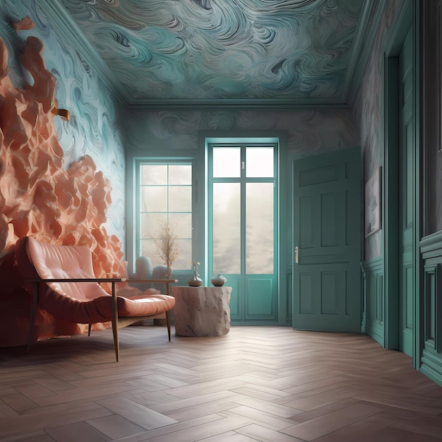 A room with a wall that has a painting on it