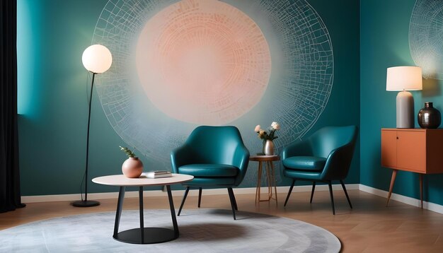 Photo a room with a wall with a circle and a round table with a large circle on the wall