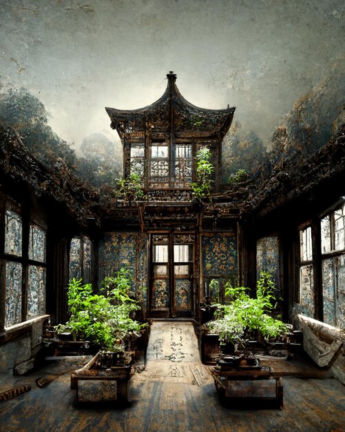 A room with a wallpapered ceiling and a window with plants on it.