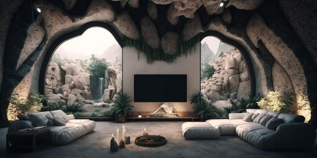 A room with a waterfall and a room with a cave and a room with a rock wall and a room with a fireplace.