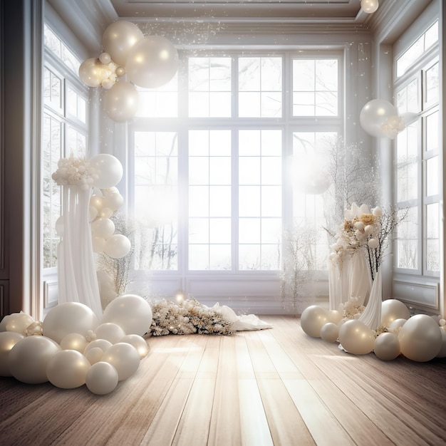 A room with white balloons and a large window