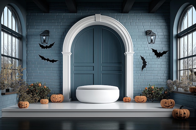 A room with a white bathtub and a black archway with bats on it