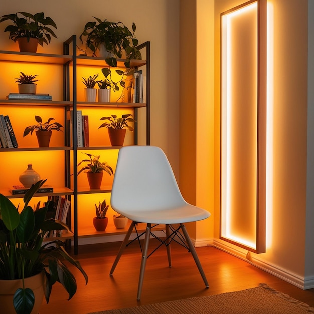 Photo a room with a white chair and plants on the shelf