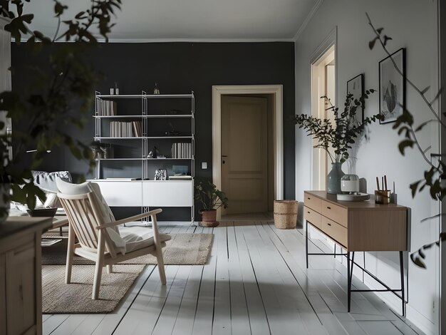 a room with a white chair and a table with a plant on it