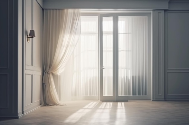 A room with a white curtain and a large window